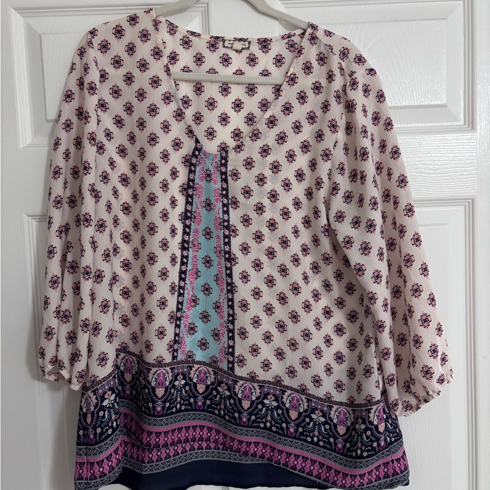 Eyeshadow Cream and Pink Patterned Blouse